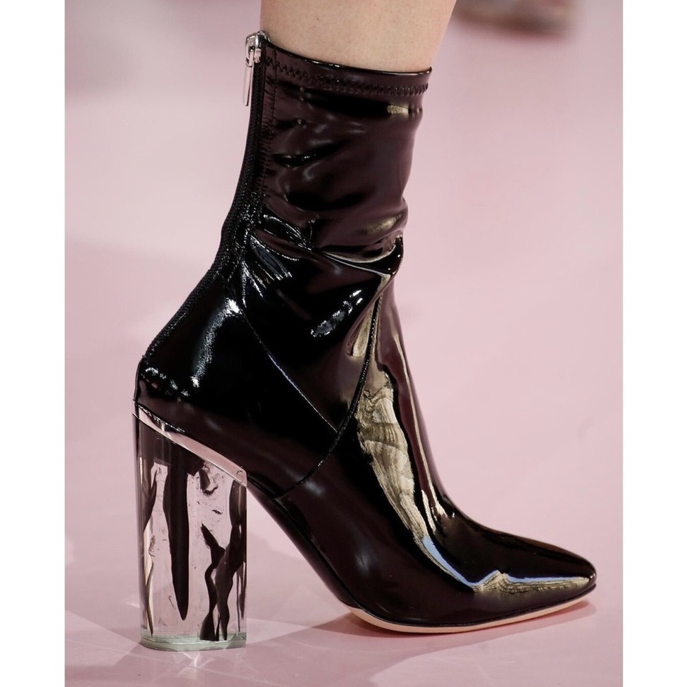 Christian Dior X Raf Simons Patent Leather Smoke Lucite Block Heeled Boots Black